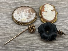 Costume Pin Brooches Lot w. Antique Vintage Carved Flower Cameos Stick Hat Pin