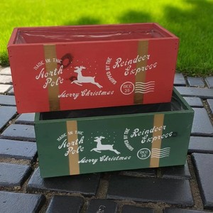 Festive Wooden Trough Planter Box Red Green Reindeer Garden Plant Pot