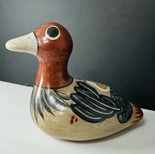 Vintage Authentic Mexican Stoneware Tonala Pottery Art Hand Painted Duck Bird