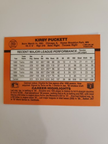 1990 Donruss Kirby Puckett #269 CARTE ERREUR AUCUN POINT APRÈS INC. ÉTAT NEUF - Photo 2 sur 11