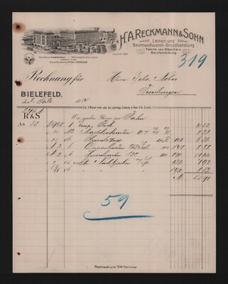 Bielefeld, invoice 1914, H. A. Reckmann & Sohn linen-cotton goods-grosshandlu