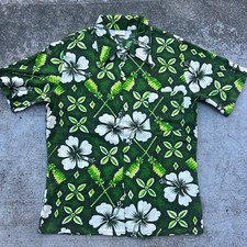 Vtg JC Penney Towncraft 60s/70s Green Hawaiian Aloha Tiki Hibiscus Shirt Mens M