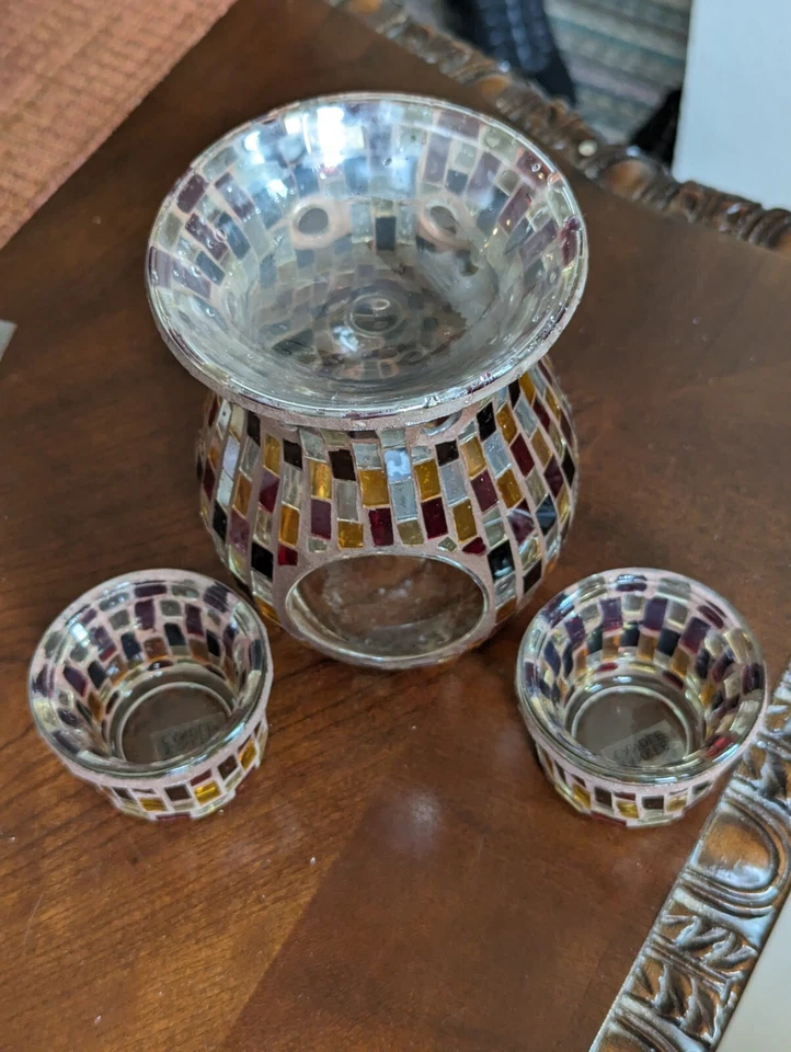 Yankee Candle Mosiac rectángulos quemador de tarta en rojos, marrones y dorados 3 piezas Foto 2 de 4