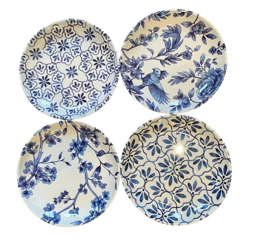 Set 4 Blue & White Assorted Prints Melamine APPETIZER SALAD PLATES 8” Rachel Roy