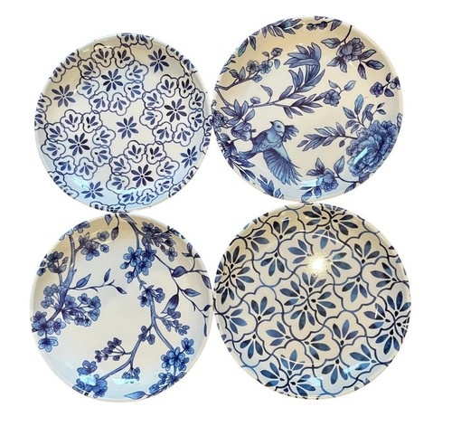 Set 4 Blue & White Assorted Prints Melamine APPETIZER SALAD PLATES 8” Rachel Roy - Picture 1 of 14