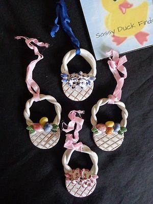 EASTER ORNAMENTS Lot of 4 Baskets with Eggs and Flowers 3'' White Glaze Clay 