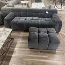 ALUXO® Harlem 3 Seater Sofa+Foot Stool Set Grey Steel Mermaid Velvet Deep Stitch