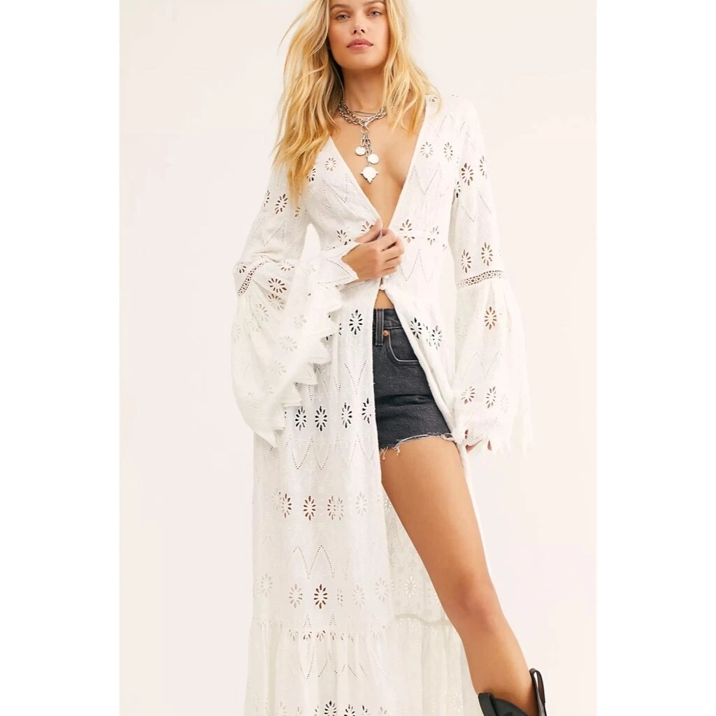 NWT FREE PEOPLE Sweetwater Duster White Eyelet Long Cardigan Embroidered S