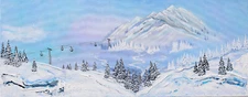 Large original acrylic panoramic painting horizontal winter ski resort snowboard