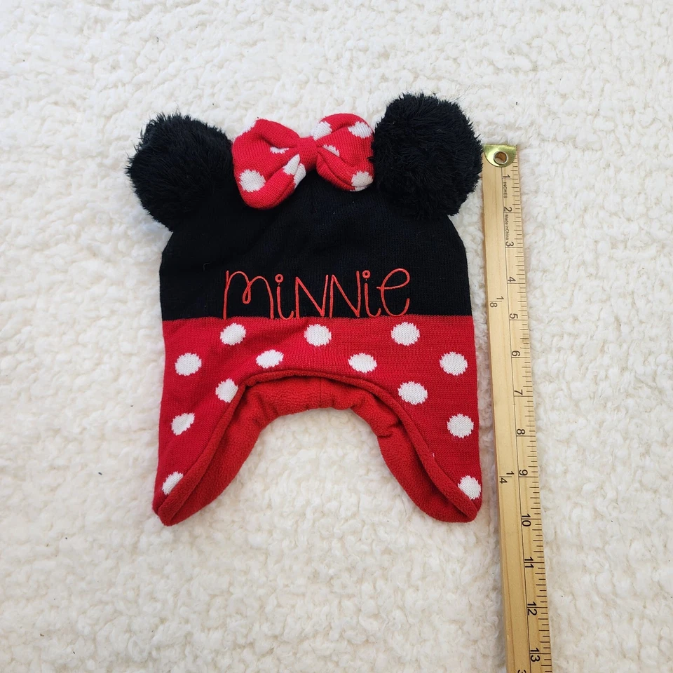Disney Minnie Mouse Medias Tejido Sombrero Niña 2T-5T Negro Rojo Pompones Orejas Arco Foto 2 de 4