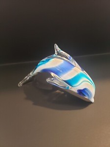 Art Glass Dolphin,  Clear Glass With Blue And White Swirls