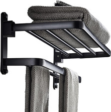 Matte Black 24-Inch Bathroom Towel Rack with Shelf  2 Bars - BZ205-A
