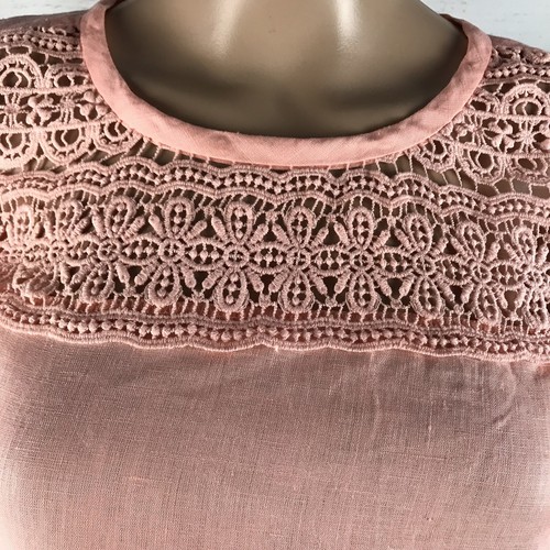 J. Crew Blouse Size 2 XS Peach Lace Yoke 100% Linen Pink Career Wear Shirt - Picture 2 of 12