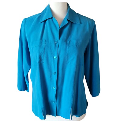 Notations 100% Silk Women's Size Small Turquoise 3/4 Sleeve Button Up Shirt