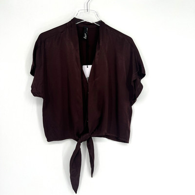 Bobi Top Womens XS Tie Wrap Brown Satin Simple Basic Classic Western Country