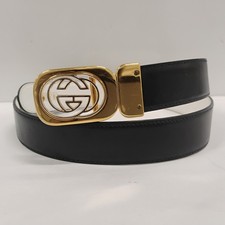 Gucci Gold Silver Outlined Logo Buckle Reversible Belt Sz 29 Blue White Leather