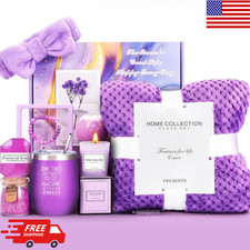 Lavender Spa Gift Basket for Women Self Care Gift Set with Blanket Birthday Gift