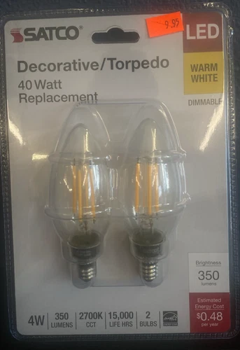2 Pack Satco S21819 LED Filament 120V 4W =40W B11 Candelabra E12 Clear 2700K - Picture 1 of 2