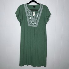 Talbots Women’s Floral Embroidered Shift Dress Ruffle Sleeves Green Size LP NWT