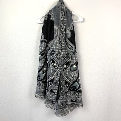 Shiraleah Chicago Maren Paisley Scarf Wrap Shawl Black Gray Blue