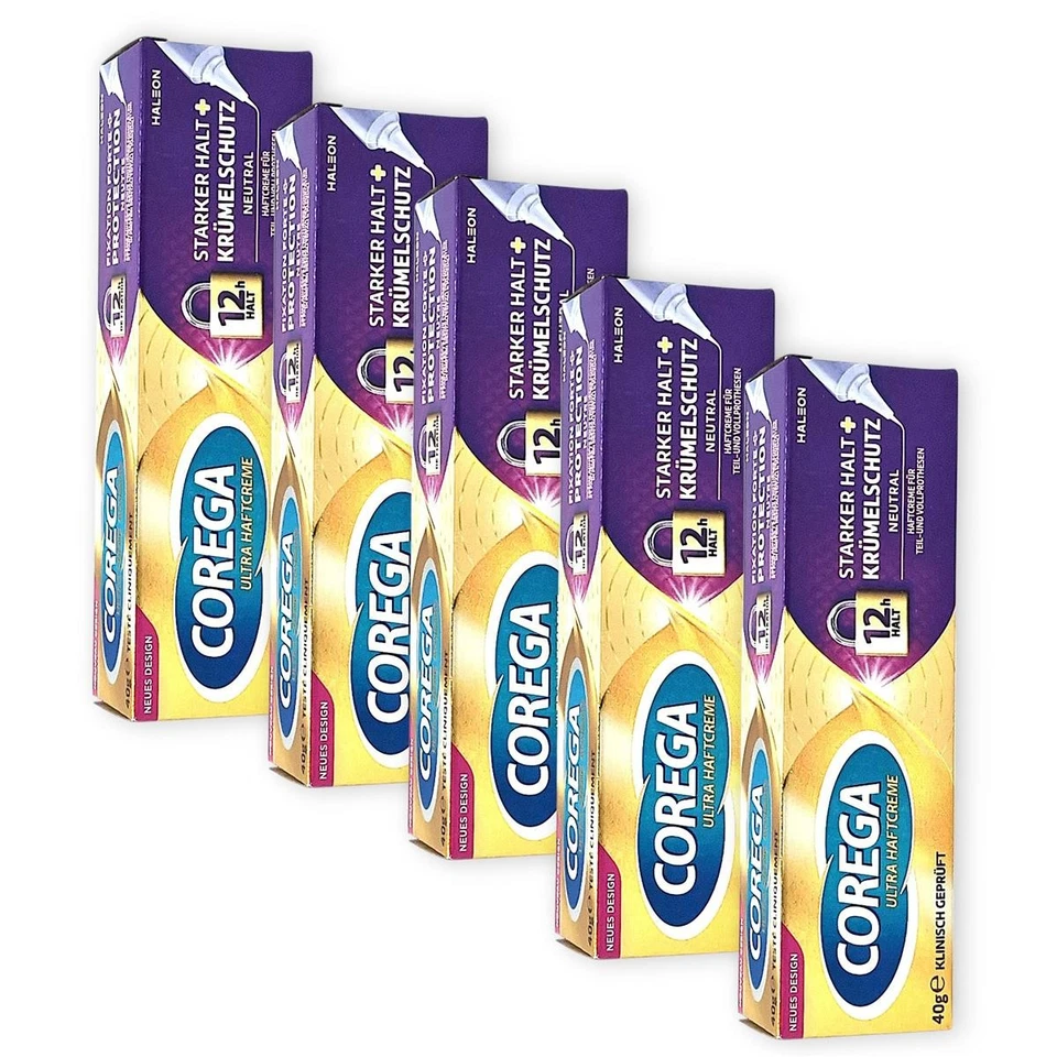 COREGA STARKER HALT 5x Corega Ultra Haftcreme starkter Halt Krümelschutz neutral für Zahnprothesen