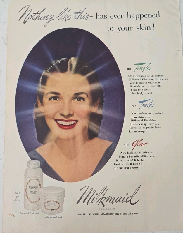 1946 Milkmaid Emulsion Cleansing Milk cosmetic for skin vintage ad