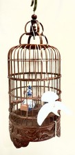 Vintage Chinese Dragon Bird Cage Carved Hardwood Porcelain Feeders MCM