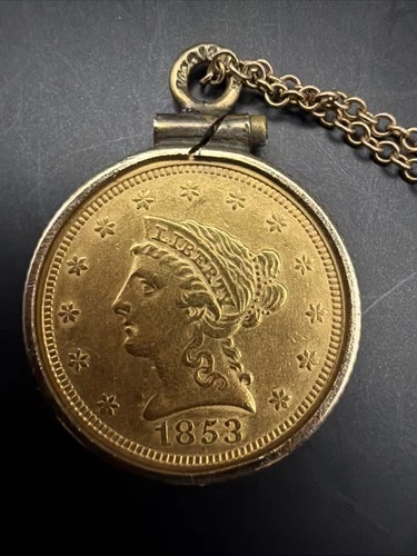 1853 Liberty Head $2.50 Gold Quarter Eagle Coin Pendant Necklace 9” Beautiful