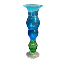 HAND BLOWN ART GLASS VASE BLUE WITH WHITE COIL SWIRL & GREEN/ CLEAR BASE 14"TALL