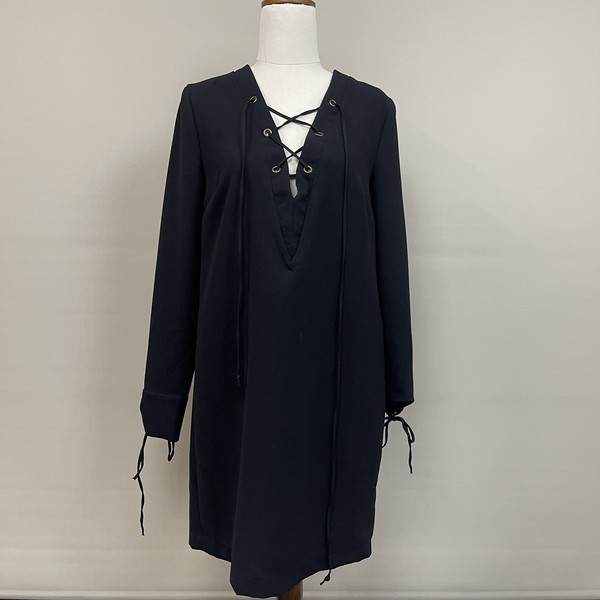 KOOKAI Black Mini Shift Dress Women Size 38 Lace Up V-Neck Cuffs Long Sleeve