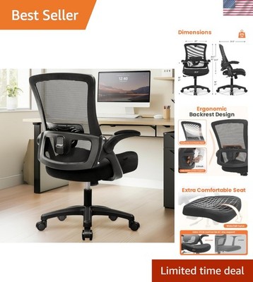 Modern Adjustable Office Chair with Rolling Wheels and Flip-Up Armrests - Black