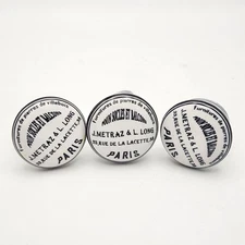 Shabby Chic Ceramic Cabinet Knobs: French Script, Silver Accent - Set of 3