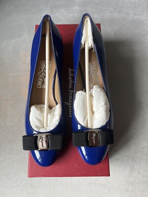 Fab! Salvatore Ferragamo Black Blue Patent Vara Bow Pump Heels Shoes B  NIB