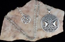 Tibetan Silver Triple Moon Goddess Wicca Pentagram Amulet. Handmade In