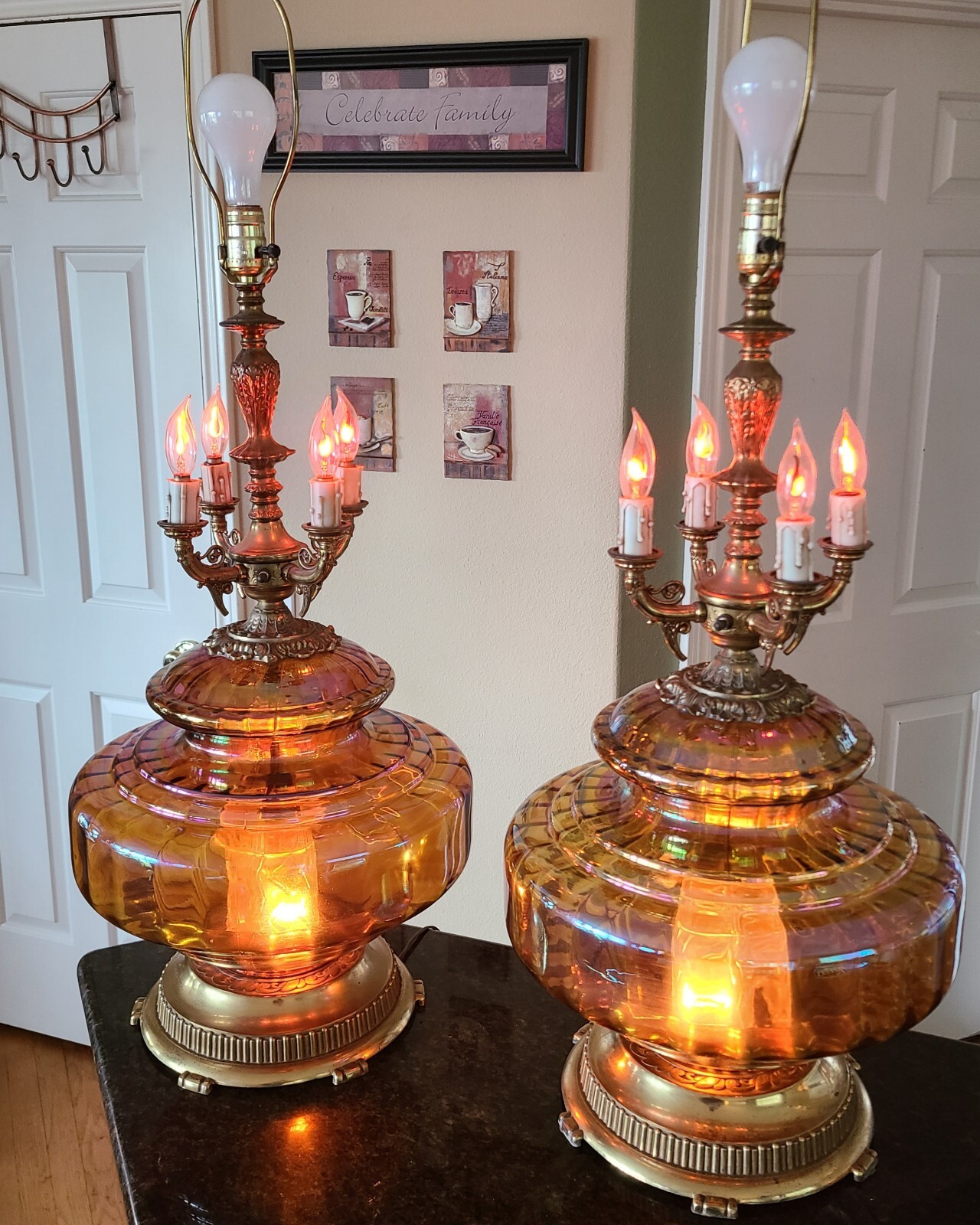 Mid Century Modern Hollywood Regency Iridescent Amber Glass Table Lamps PAIR XL