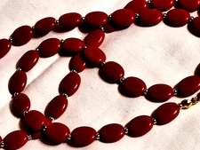 Red-Purple Plastic Oval Beaded Necklace Gold Tone Spacers 23" Signed Napier VTG
