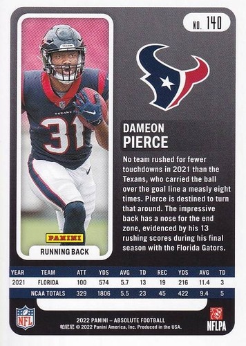 2022 Panini Absolute - Rookies Dameon Pierce #140 (RC) - Texans - Picture 2 of 2