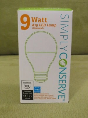 Simply Conserve 9 Watt A19 LED Dimmable Light Bulb 800 Lumens - NEW