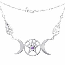 Pentagramm Triple Mond Göttin Halskette Amethyst 925 Sterlingsilber Fein Schmuck