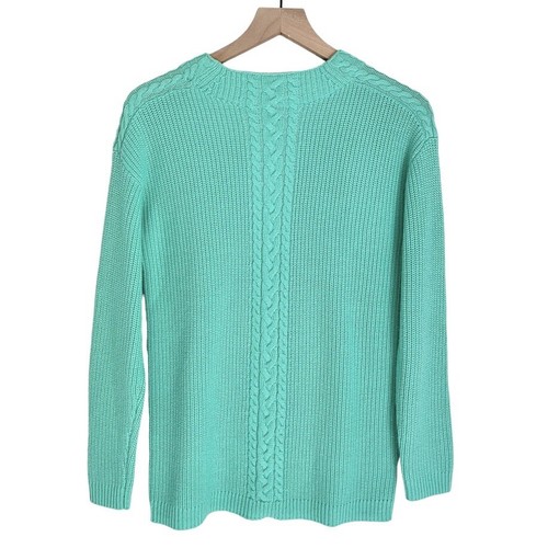 NWT Talbots Lambs Wool Cable Knit High Neck Sweater Teal Blue Green Small Petite