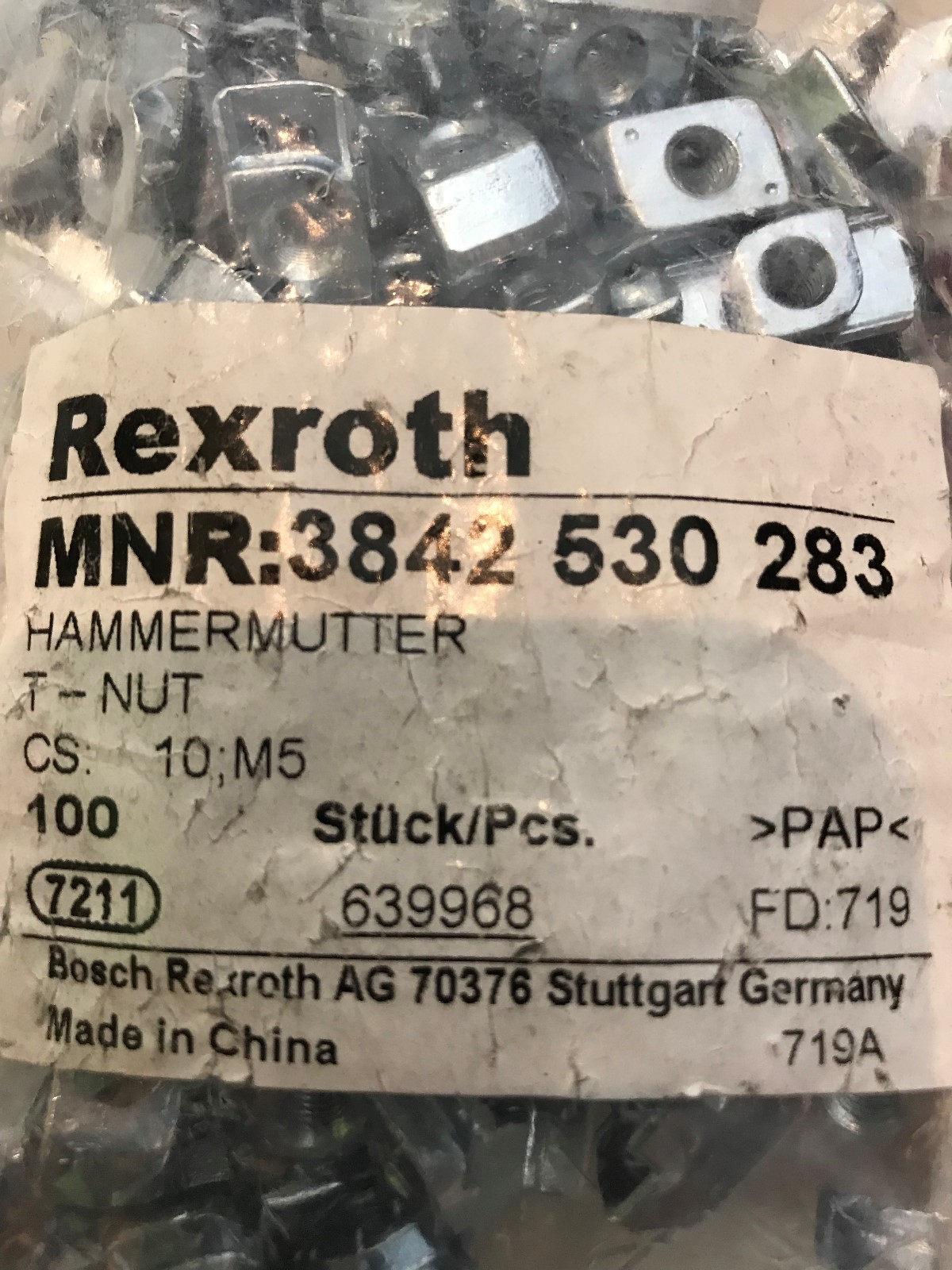100 écrous En T Bosch Rexroth M6 - Référence 3842 530285, Neufs D'origine Allemagne