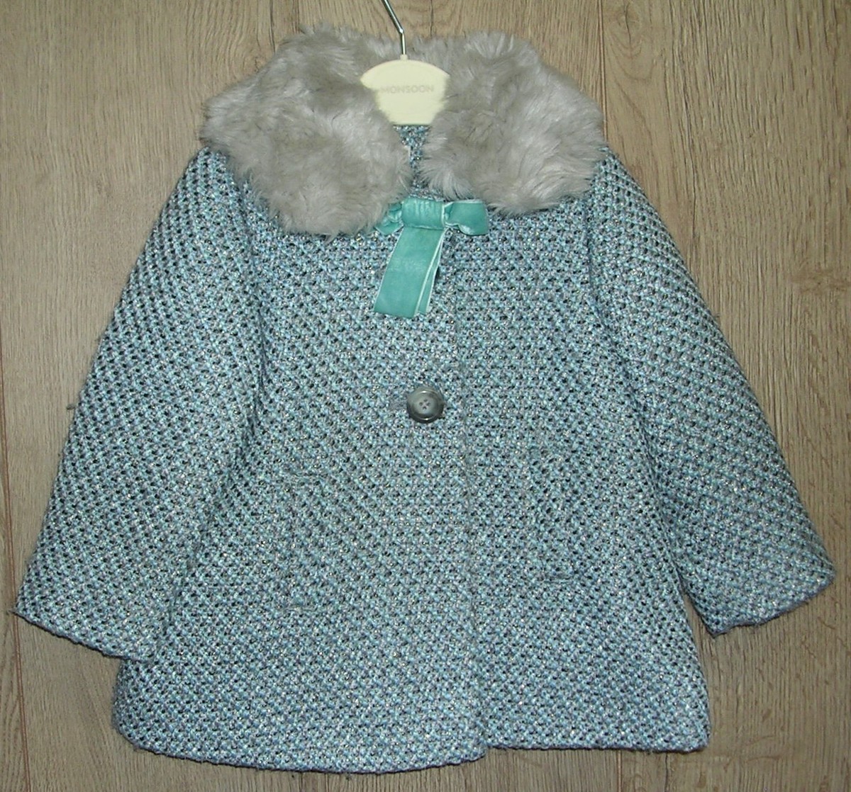 Monsoon Girls Green Faux Wool Fur Collar Jacket Smart Coat Age 6-12 Month