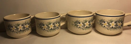 VTG Lenox Temperware Dewdrops 2-3/4” Flat Cups White Flower Blue Band SET OF 4