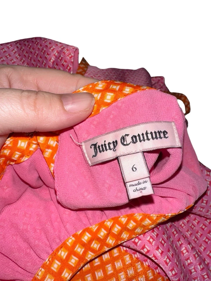 Juicy Couture женщин без рукавов Shift платье Sz 6 розовый оранжевый геометрический галстук шеи - Изображение 4 из 4