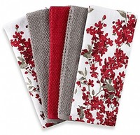 Kitchen Towel Set 5 Pack Dish Towels Red White Grey Cherry Blossom Design Soft Kitchen Towel Set 5 Pack Dish Towels Red White Grey Cherry Blossom Design Soft