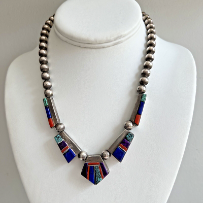 Vintage Charles Willie Sterling Silver Navajo Pearls Multi Stone