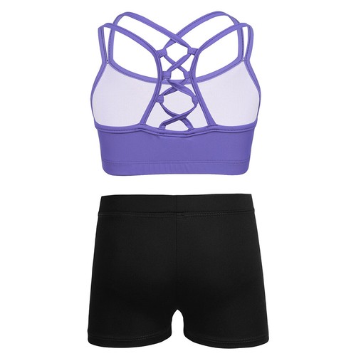 Girls Athletic Dance Sport Outfits Racer Back Crop Top with Shorts Swimwear - Picture 40 of 64