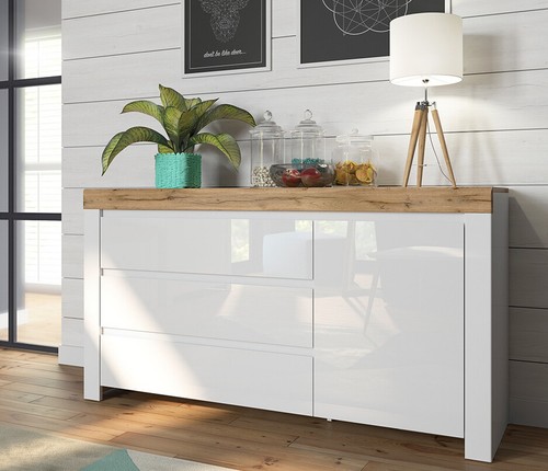 Modern White Gloss Oak finish Sideboard Cabinet Drawers Unit Soft Close Holten
