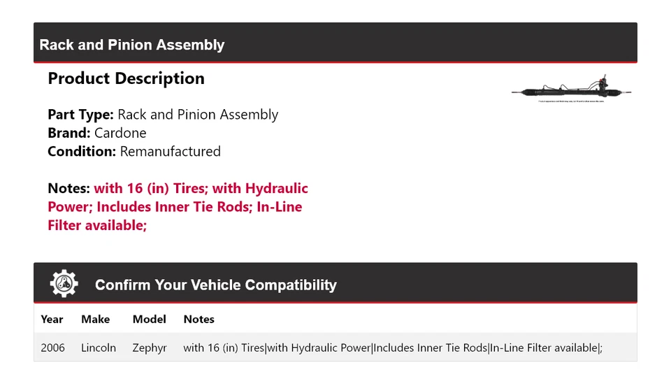 For 2006 Lincoln Zephyr Rack and Pinion Assembly Cardone - Image 2 of 4