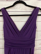 MAGGY LONDON V-Neck Dress 6 Ruched Waist Pleated Wrap Skirt High Low Tulip Hem